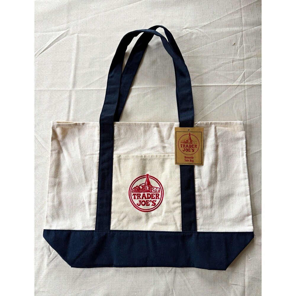 Trader Joe's Reusable Logo Tote Bag Beige/Blue/Red 20in x 12in
